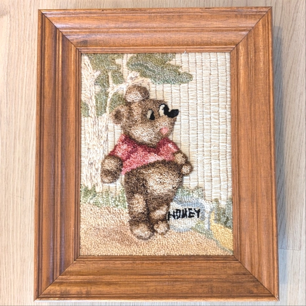 Vintage framed latch hook bear W a honey (Homey!! Lol) pot.